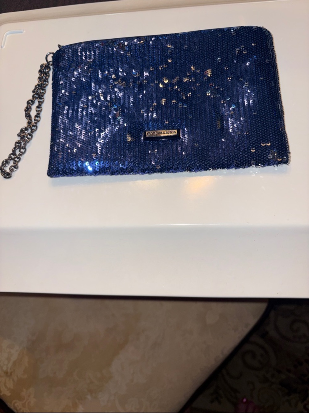 BCBGMaxAzria Navy Sequin Wristlet Clutch with Chain. Price reduced